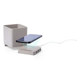 Ładowarka bezprzewodowa 5W ze słomy pszenicznej, hub USB 2.0, pojemnik na przybory do pisania, stojak na telefon / Neutralny V0116-00