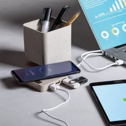 Ładowarka bezprzewodowa 5W ze słomy pszenicznej, hub USB 2.0, pojemnik na przybory do pisania, stojak na telefon / Neutralny V0116-00
