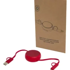 Alasia zwijany kabel do synchronizacji danych i szybkiego ładowania 5 w 1 45 W o długości 100 cm z tworzyw sztucznych i aluminium pochodzących z recyklingu / Czerwony 12442021