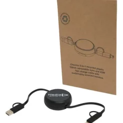 Alasia zwijany kabel do synchronizacji danych i szybkiego ładowania 5 w 1 45 W o długości 100 cm z tworzyw sztucznych i aluminium pochodzących z recyklingu / Czarny 12442090