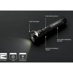 Duża latarka Gear X, ładowana przez USB, aluminium z recyklingu / Czarny P513.931
