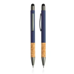 Gumowany długopis z aluminium i korka z funkcją touch / Merge / Granatowy IP13155065