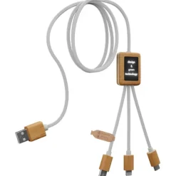Kabel do ładowania SCX.design C39 z podświetlanym logo 3-w-1 z plastiku PET z recyklingu i z kwadratową drewnianą obudową / Biały 2PX10801