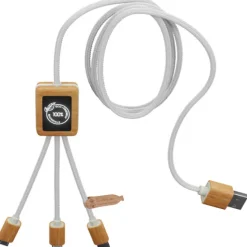 Kabel do ładowania SCX.design C39 z podświetlanym logo 3-w-1 z plastiku PET z recyklingu i z kwadratową drewnianą obudową / Biały 2PX10801
