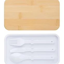 Pudełka śniadaniowe 2 w 1, 2x400 ml, bambusowe wieczko, sztućce / Biały V1215-02