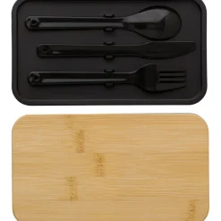 Pudełka śniadaniowe 2 w 1, 2x400 ml, bambusowe wieczko, sztućce / Czarny V1215-03