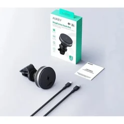 Samochodowy uchwyt do telefonu, magnetyczna ładowarka bezprzewodowa 15W Aukey / Czarny VAM09-03