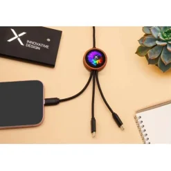 SCX.design C37 kabel do ładowania z podświetlanym logo 5-w-1 rPET i z okrągłą drewnianą obudową / Drewno 2PX07171