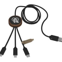 SCX.design C36 przedłużany kabel do ładowania z podświetlanym logo 3-w-1 rPET i z okrągłą bambusową obudową / Drewno 2PX08471