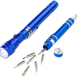 Zestaw narzędzi, śrubokręt, 8 końcówek, teleskopowa latarka 3 LED / Niebieski V8763-11
